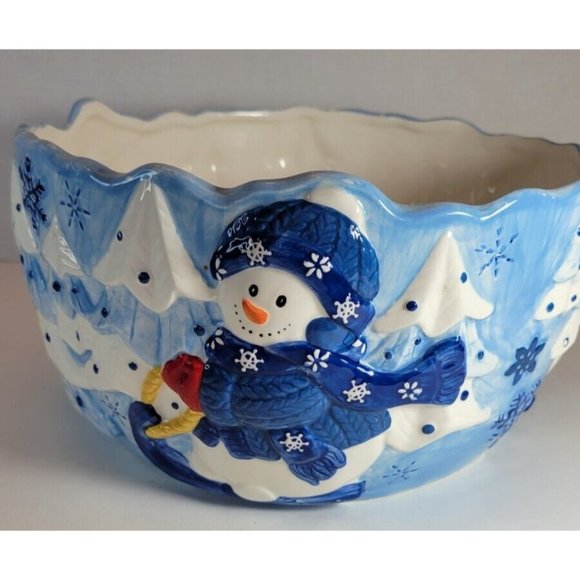Christmas Snowman in Sweater Blue Snowflake Large Serving Bowl Homespun Holiday - Picture 6 of 10
